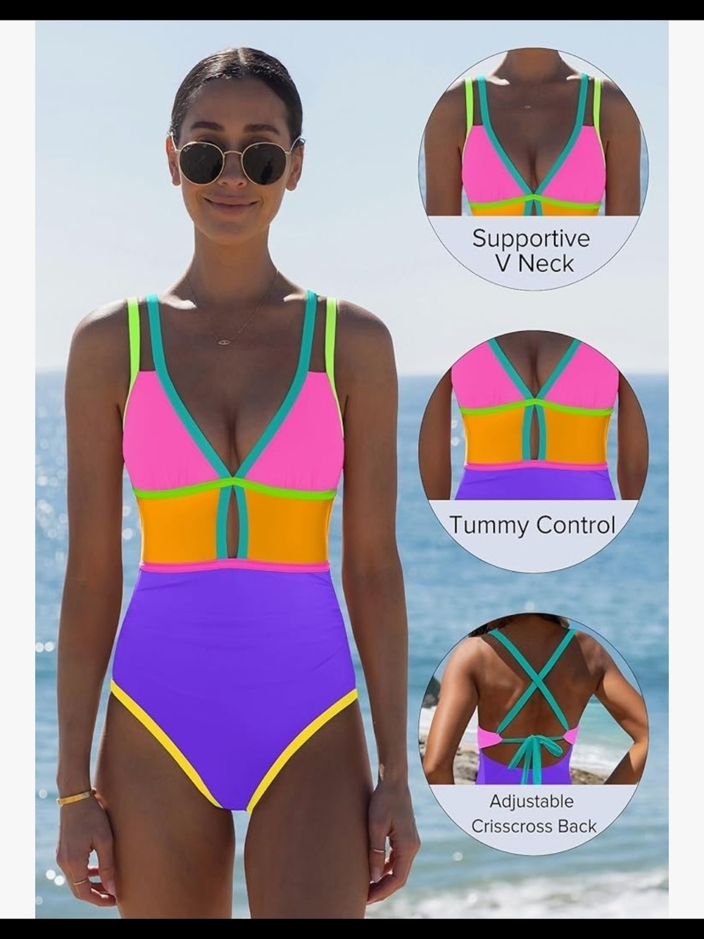 Women’s Colorblock V-Neck One-Piece Swimsuit in Pink/Orange/Purple